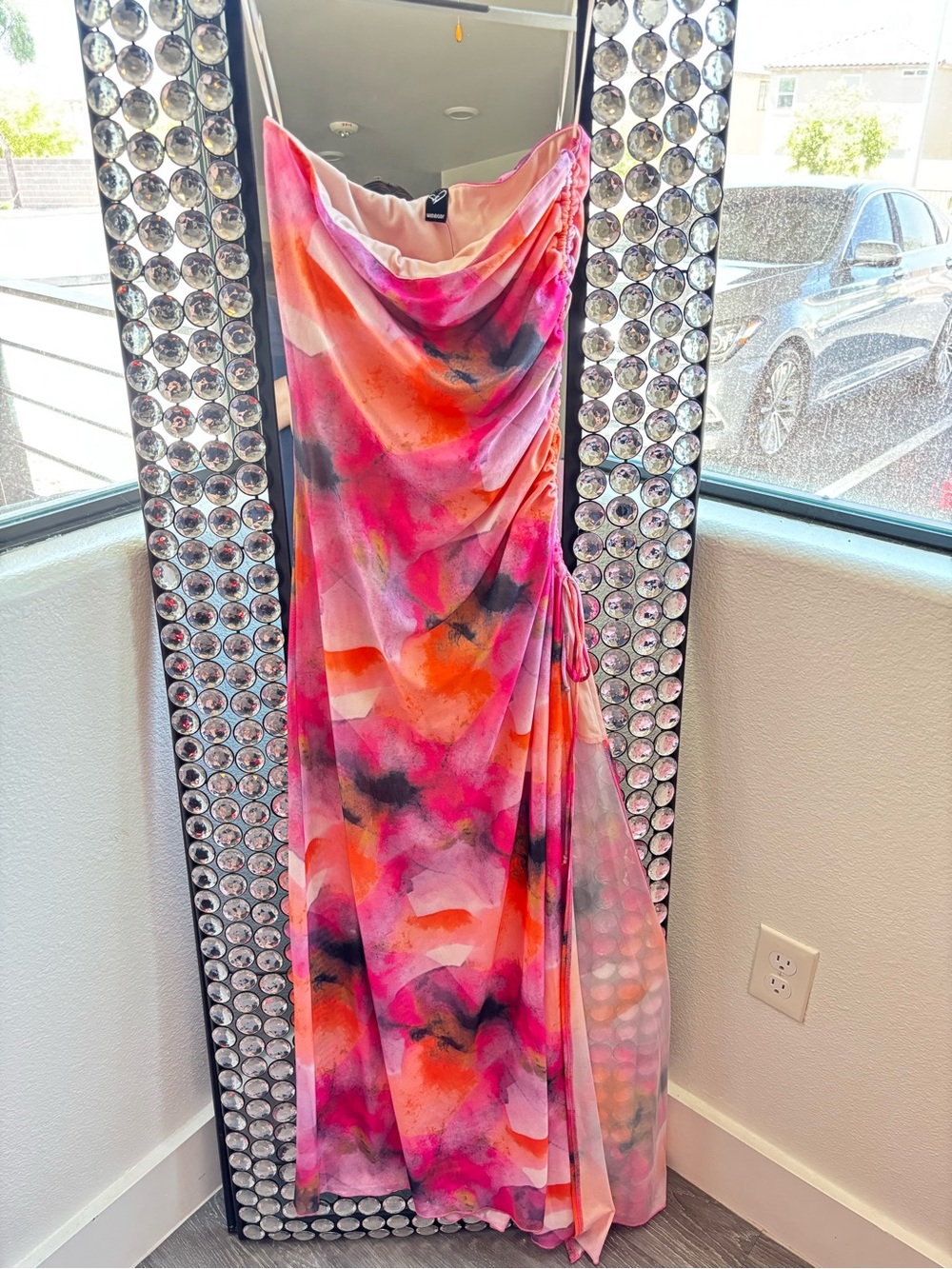 Windsor Pink Orange Watercolor Strapless Maxi Dress